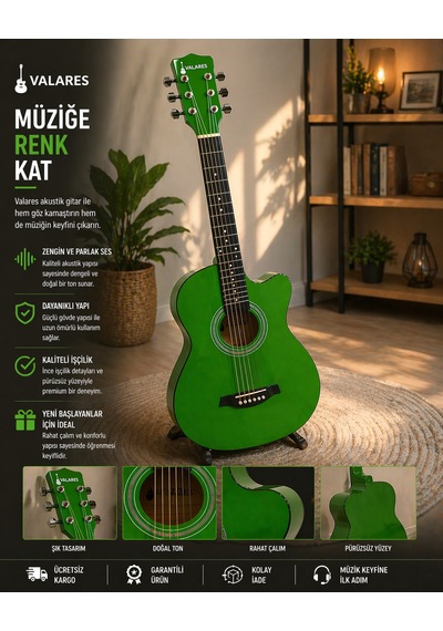 Valares 38c Kesik Kasa Yeşil Akustik Gitar 38 İnç 4/4 Yetişkin Üst Segment Full Setli Askı + Capo + Tuner + Pena + Tel + Temizleme Bezi