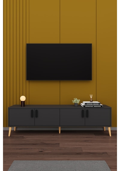 Asra Trend Tv Ünitesi T-04 %100 MDF 160 cm Tv Sehpası 4 Kapaklı Raflı Koyu Gri