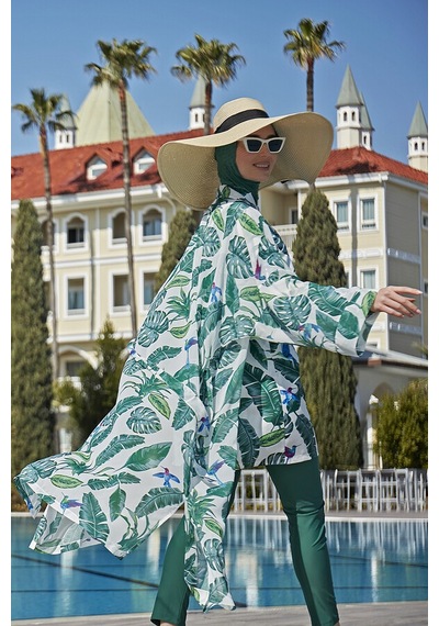 Remsa Mayo Remsa Tesettür Mayo Üzerine Tek Kaftan Kimono Pareo Rp017 Yeşil Yapraklar Yeşil