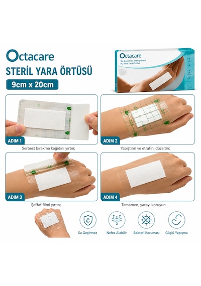 Octacare Su Geçirmez Pedli Şeffaf Pu Film Steril Yara Örtüsü 9cm 20cm 50 Adet