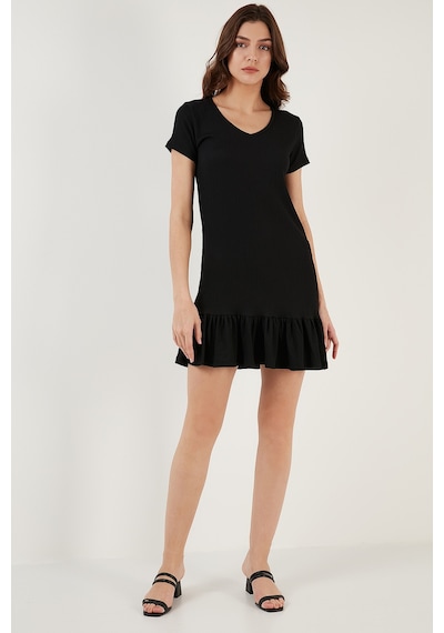 Lela Regular Fit Fırfırlı V Yaka Bürümcük Mini Bayan Elbise 5865071 Siyah
