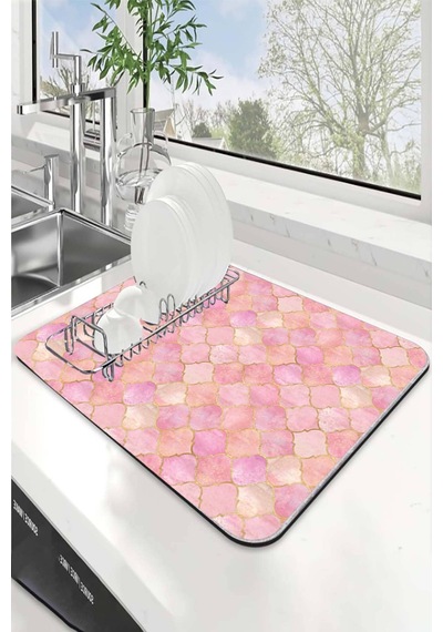 Pembe Fas Desen Microfiber Bulaşık Kurutma Matı Mm003