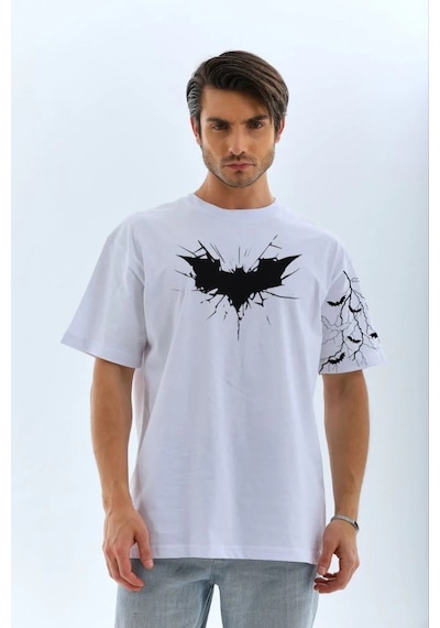 Erkek Bisiklet Yaka Tişort Ön Ve Kol Yarasa Baskılı T-shirt - Beyaz Beyaz