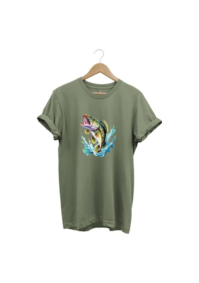 Fishing Balıkçılık Levrek Balığı Deniz Baskılı %100 Pamuk Regular Fit Bisiklet Yaka Haki T-shirt Haki
