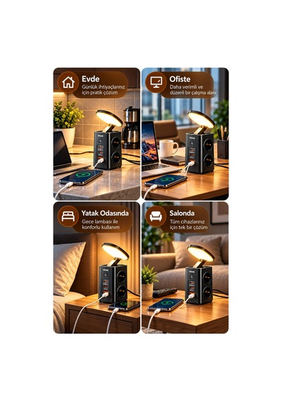 Exenar - Siyah - Akım Korumalı 4'lü Priz 20w Pd Hızlı Şarj Usb-a Ve 2x Usb-c Çıkışlı Katlanabilir Gece Lambalı Güç Ünitesi 1.9 M