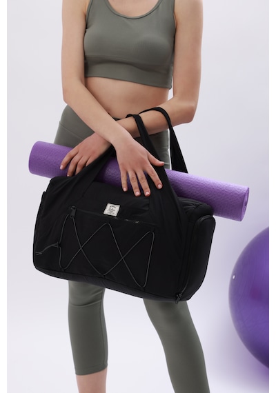 İcone Bag Kadın Spor Ve Yoga Çantası Çok Cepli, Ayakkabı Bölmeli, Lastik Detaylı, Fermuarlı Ön Cep Siyah