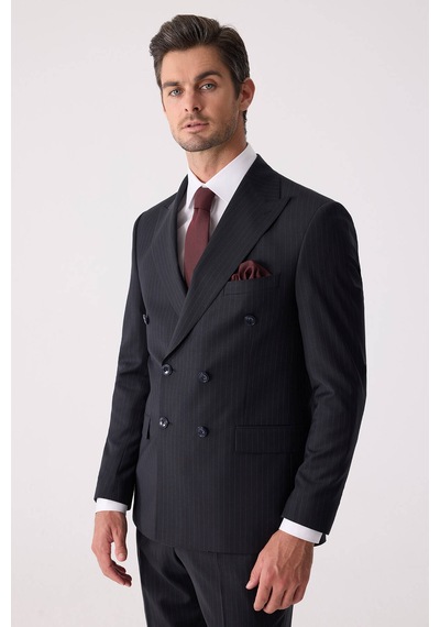 Erkek Lacivert Çizgili Slim Fit %100 Yün Çizgili Kruvaze Takım El