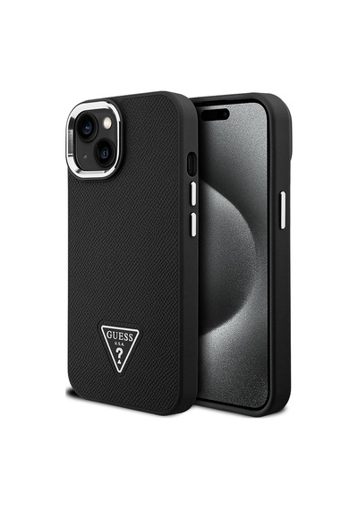 Apple Uyumlu iPhone 14 Kılıf Guess Lisanslı M-safe Şarj Özellikli Grained Triangle Kapak Siyah