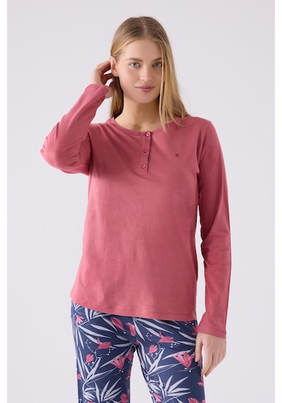 Pierre Cardin Paris 8903 Kadın Çiçek Desen Yaka Düğmeli Uzun Kol Pijama Takım Karanfil Çok Renkli