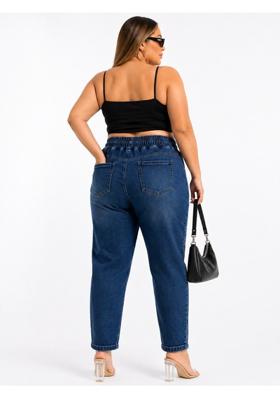 Trieste Büyük Beden Yüksek Bel Taş Yazı İşlemeli Beli Lastikli Bağcıklı Denim Kadın Pantolon Lacivert Trieste Büyük Beden Yüksek Bel Taş Yazı İşlemeli Beli Lastikli Bağcıklı Denim Kadın Pantolon Lacivert