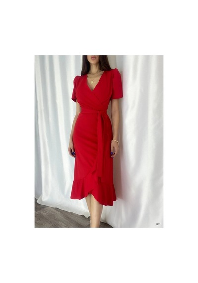 Butik İstanbul Kadın Kruvaze Yaka Midi Boy Kuşaklı Krep Elbise 120 Cm Kırmızı