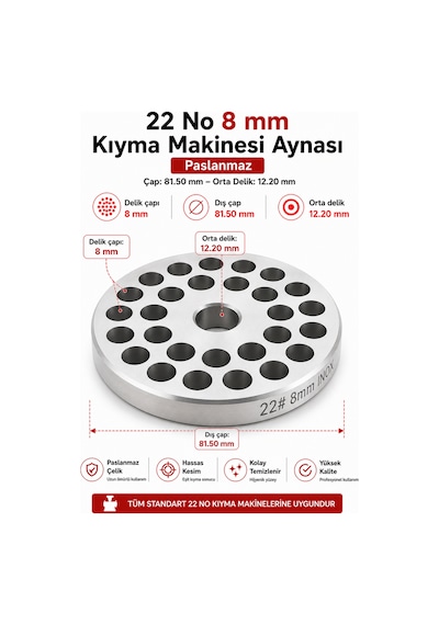 22 No 8 Mm Kıyma Makinesi Aynası Paslanmaz