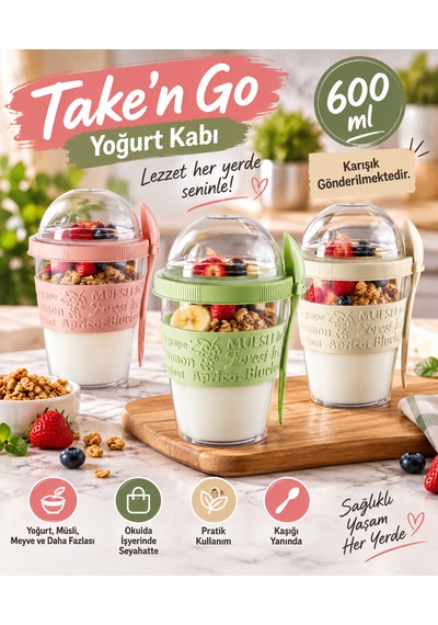 Kapaklı Kaşıklı Hazırla Ve Çık Meyveli Yoğurt Kabı 600 Ml Çok Renkli