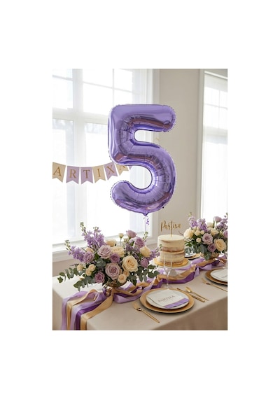 32 İnç Mor Rakam 5 Folyo Balon Çok Renkli