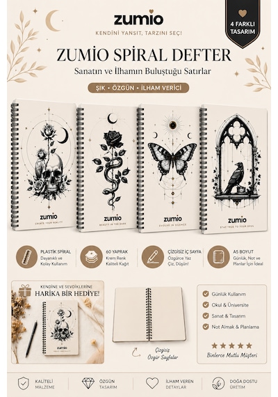 Zumio Gotik Temalı 4'lü A5 Çizgisiz Defter Seti 50 Yaprak Düz