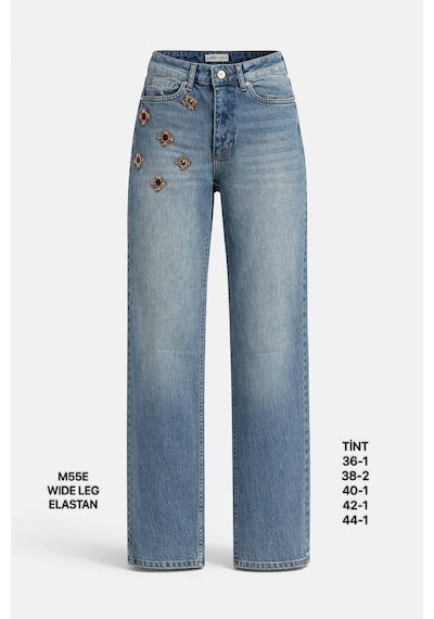 Miss Poem Kadın Tint Mavi Taş İşlemeli Geniş Paça Jean Pantolon