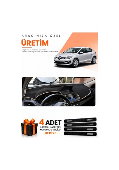 Renault Megane 3 Büyük Ekran 2008-2015 Uyumlu Torpido Koruma Örtüsü Oto Kılıfı - Siyah Bej