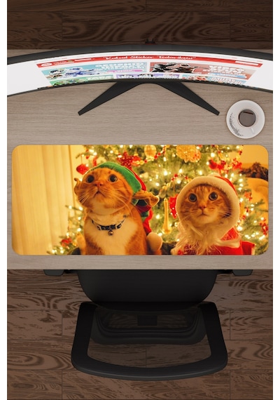 Yeni Yıl Kediler- Kedi- Yılbaşı V1 70x30 Xl Gaming Kauçuk Kaymaz Taban Mouse Pad Fare Altlığı