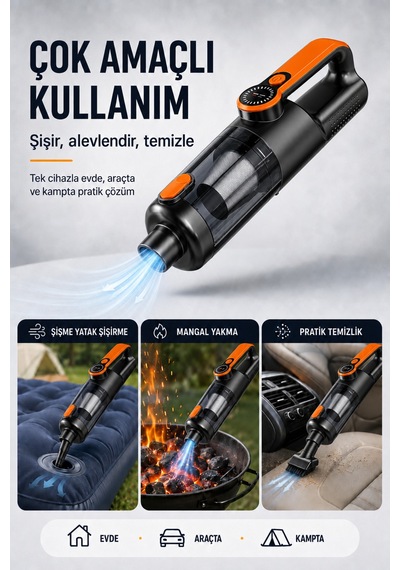 Kablosuz Araç Süpürgesi Vakum Ve Üfleme 2in1 Metal Filtreli 300 Ml Hazneli 5400 Mah Şarjlı Süpürge