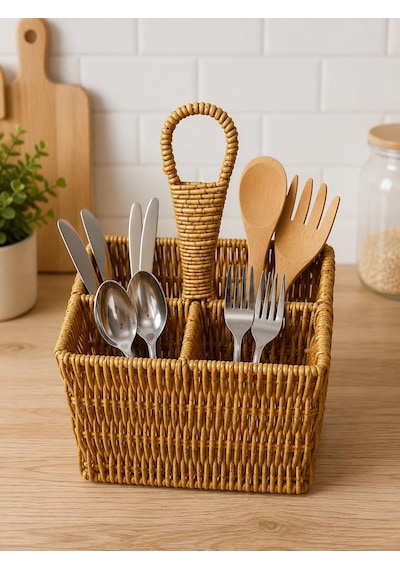 Rattan Plastik Kaşıklık Kepçe 4 Bölmeli Krem