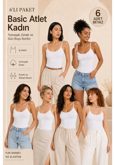 Loule Kadın 6'lı İp Askılı Atlet Beyaz Bambu