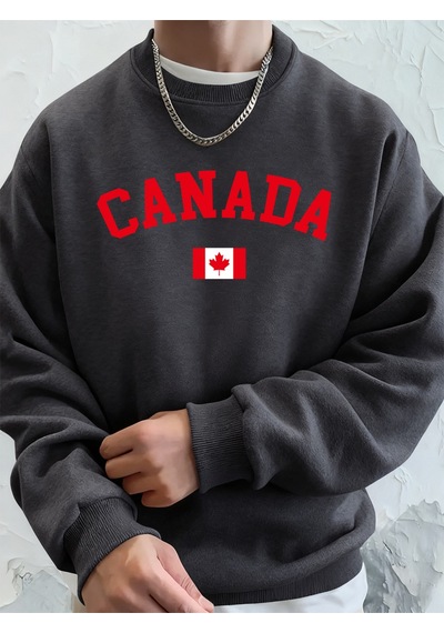 Startmore Startmorekanada Baskılı Bayraklı Erkek Kapüşonlu Üstleri Sonbahar Bol Sweatshirt Hip Hop Yuvarlak Yaka Antrasit