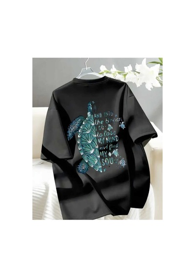 Panda Baskı Tekstil Kaplumbağa Baskılı Özel Tasarım Oversize Tshirt Siyah