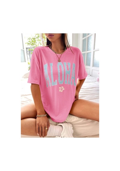 Pembe Oversize Aloha T-shirt - Oversize Baskılı Pembe