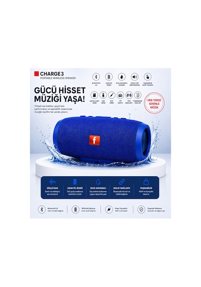 Charge3 Bluetooth Hoparlör Usb Ve Hafıza Kartı Girişli Fm Radyolu Şarjlı Taşınabilir Kablosuz Speaker Mp3 Çalar Tüm Cihazlara Uyumlu
