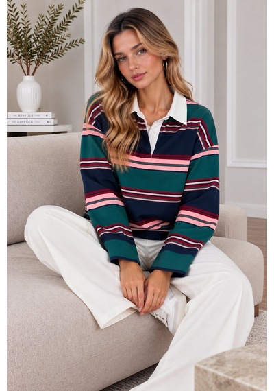 Lima Çok Renkli Kadın Yeşil Lacivert Pembe Çizgili Polo Yaka Oversize Uzun Kollu Sweatshirt Lima Çok Renkli Kadın Yeşil Lacivert Pembe Çizgili Polo Yaka Oversize Uzun Kollu Sweatshirt