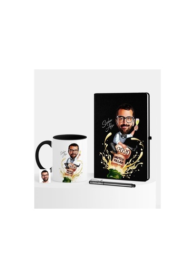 Kişiye Özel Yılbaşı Temalı Bay Karikatürlü Siyah Defter Kalem Kup (396490227)