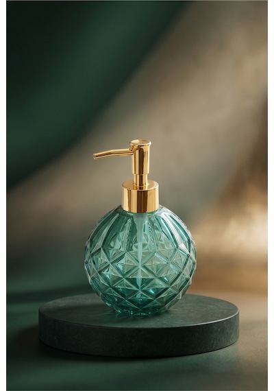 Boby Diamond Küre Cam Sıvı Sabunluk Gold Pompalı Kristal Desenli Dekoratif Banyo Ve Mutfak Dispenseri - 16 Cm X 10 Cm - 500ml - Yeşil