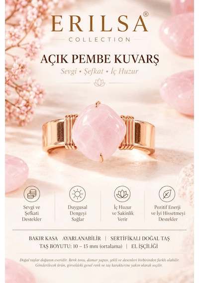 Sertifikalı Açık Pembe Kuvars Taşı Doğal Taş Yüzük Bakır Kasa Aya Çok renkli