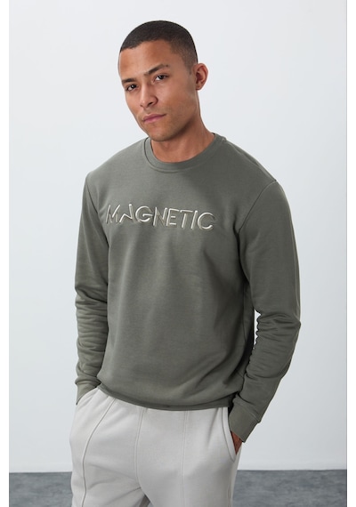 Tommy Life Çağla Yazı Nakışlı O Yaka Rahat Form İçi Polarlı Erkek Sweatshirt - 88020 Çağla