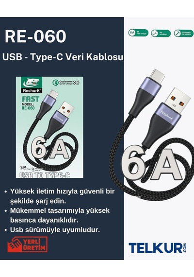 Ferro Reshurk Re-060 Usb-c & Type-c Metal Uclu 1000cm 6a Hasır Data - Şarj Kablosu
