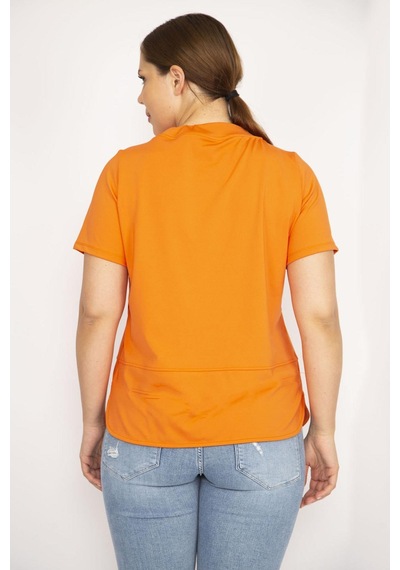 Şans Kadın Oranj Büyük Beden Yakası Kuşgözü Bağcık ve Taş Detaylı Sweatshirt-oranj Turuncu