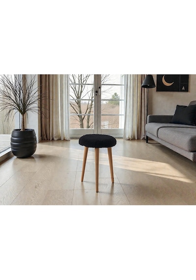 Modern Ahşap Ayaklı Teddy Kumaş Tabure Makyaj Masası & Ayak Dinlendirme Elegant Siyah Siyah