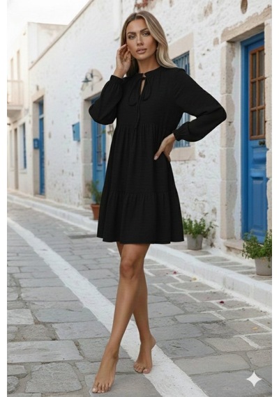 Efnaz Style Kadın Uzun Kollu Yakadan Bağcıklı Fırfırlı Keten Mini Elbise Siyah Efnaz Style Kadın Uzun Kollu Yakadan Bağcıklı Fırfırlı Keten Mini Elbise Siyah