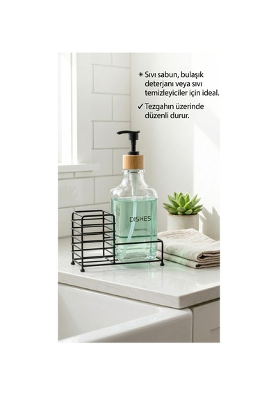 Makri Home Metal Stantlı Bambu Kapaklı Cam Sıvı Sabunluk/deterjanlık, 500 Ml, 15 8,5 23 Cm Şeffaf