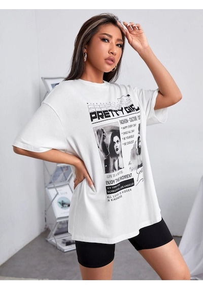 Unisex Beyaz Preetty Girtl Baskılı Oversize T-shirt 001