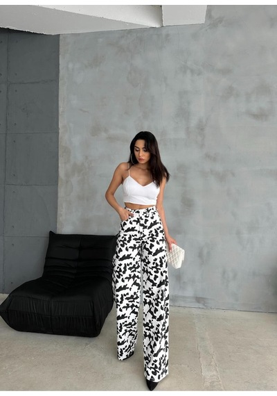 Zeo Basic Baggy Pantolon Beyaz&siyah İnek Desenli Beyaz-siyah
