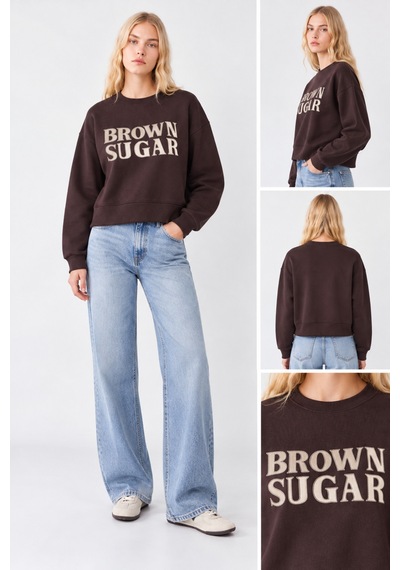Quzu Brown Sugar Nakış Detaylı İçi Yumuşak Kadın Sweatshirt Kahverengi Kahverengi