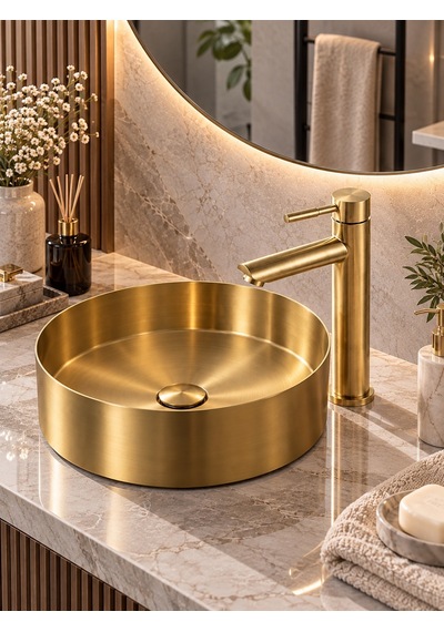 Alfas Mat Gold Çanak Lavabo Bataryası Fırçalı Altın 304 Paslanmaz Çelik Banyo Bataryası Sıcak Soğuk