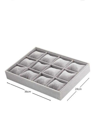 12 Bölmeli Ahşap Üzeri Baby Face Kumaş Saat Ve Takı Standı - Organizeri Ebat 35x24x5 Cm Gri