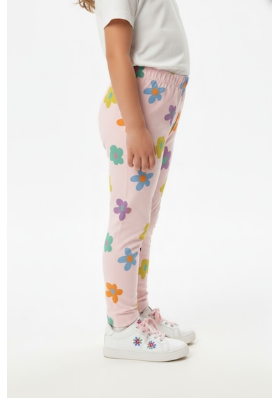 Toontoy Kids Toontoy Kız Çocuk Beli Lastikli Renkli Çiçek Baskılı Tayt 25029 Pudra