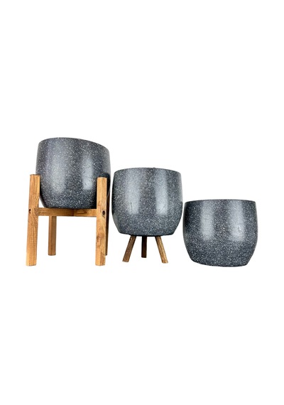 Bitki Tasarımı Ev Dekorasyon Aksesuar Gri Granit Toprak Saksı Saksılık Salon Çiçeklik Üçlü Set- 19 CM