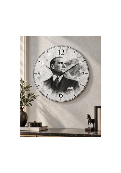 Atatürk Temalı 45 Cm Ahşap Sessiz Akar Mekanizmalı Uv Baskılı Dekoratif Duvar Saati Hediyelik 1093 Çok Renkli