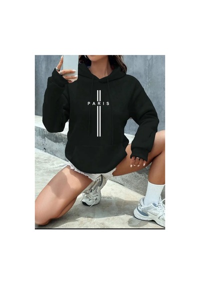 Caddekombin Paris Dikey Kapüşonlu Cepli Sweatshirt Siyah