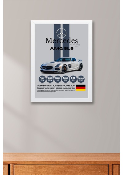 Mercedes Amg Sls Premium Spor Araba Çerçeveli Tablo - Teknik Özellikli Otomobil Sever Duvar Dekoru Beyaz Mercedes Amg Sls Premium Spor Araba Çerçeveli Tablo - Teknik Özellikli Otomobil Sever Duvar Dekoru Beyaz