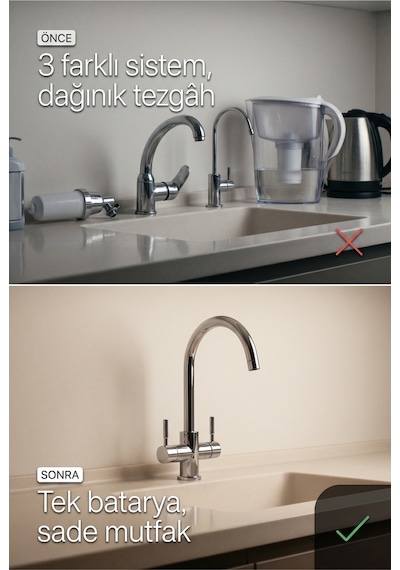 Likuan Mutfak Bataryası 3 Yollu Tri-flow Led Göstergeli Krom Kuğu Boynu Nsf Sertifikalı